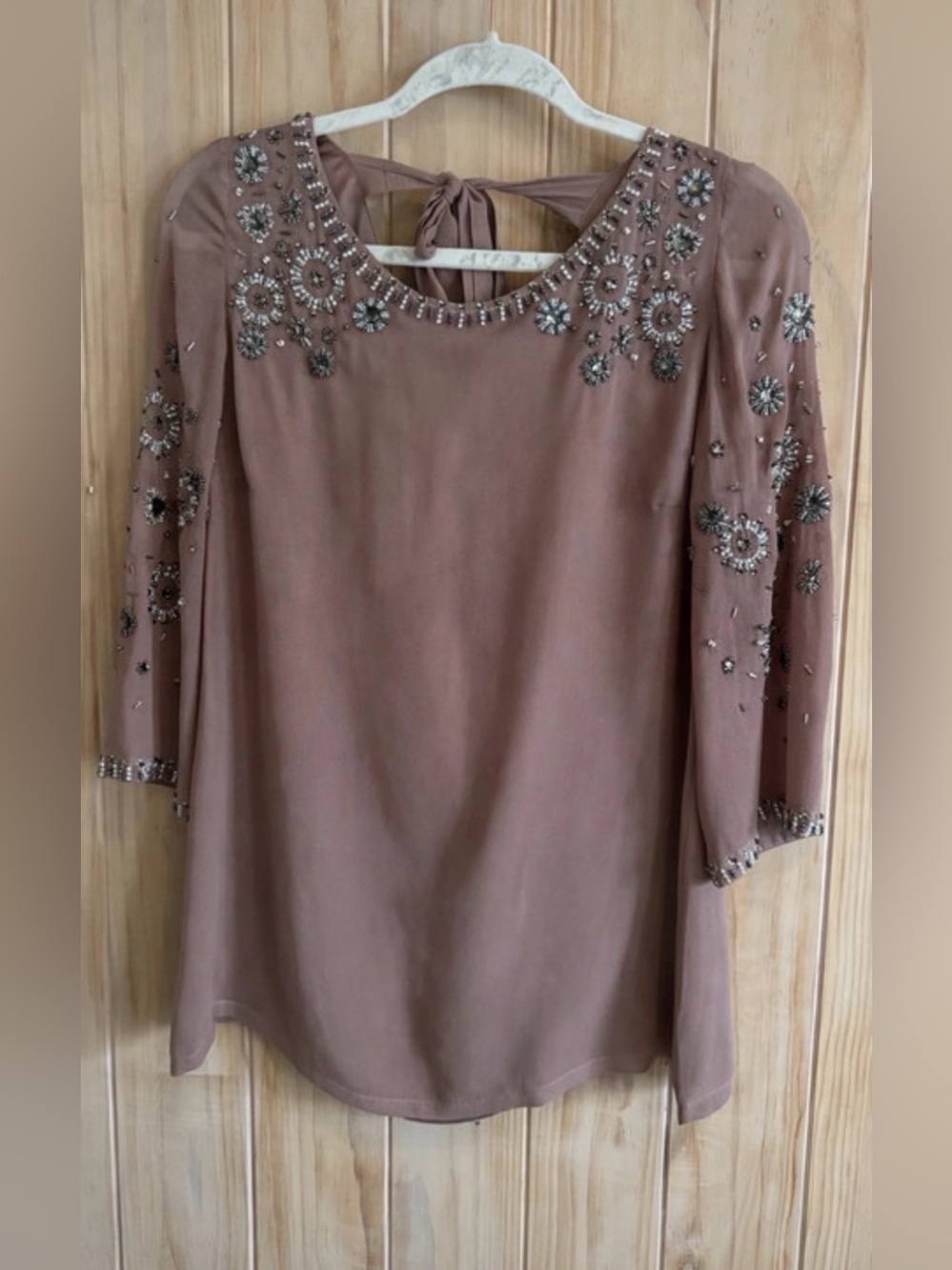 Embellished Rose Taupe Evening Dress with Beaded Accents